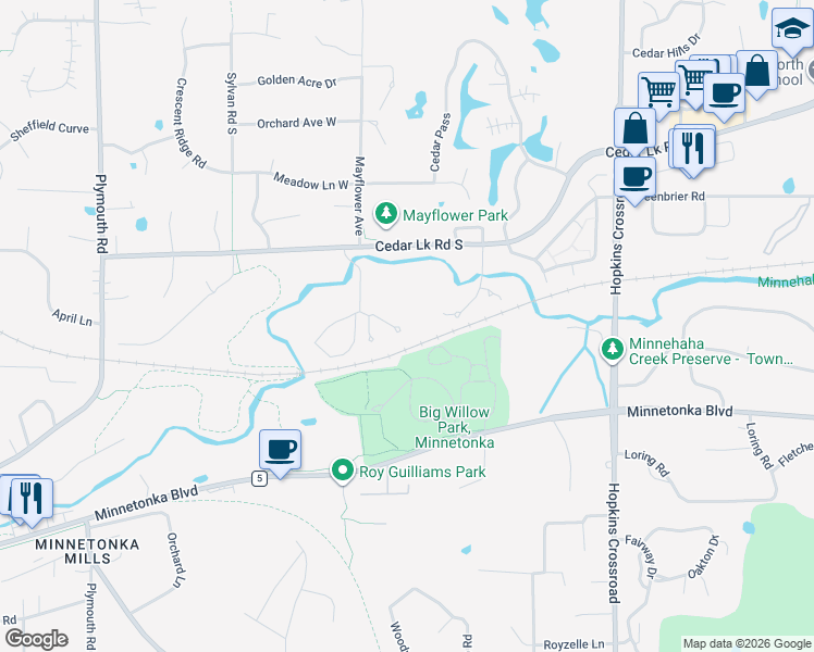 map of restaurants, bars, coffee shops, grocery stores, and more near 11900 Saint Albans Hollow Drive in Hopkins