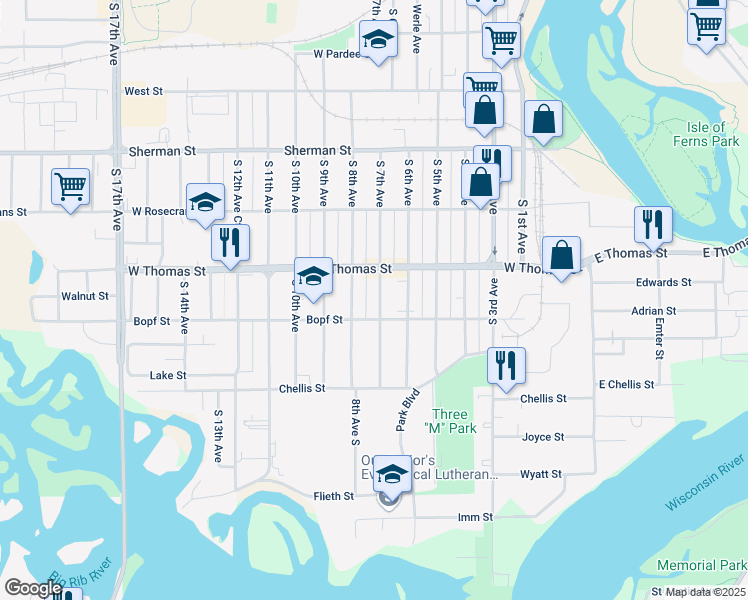 map of restaurants, bars, coffee shops, grocery stores, and more near 1122 South 7th Avenue in Wausau