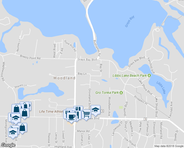 map of restaurants, bars, coffee shops, grocery stores, and more near 3001 Groveland School Road in Wayzata