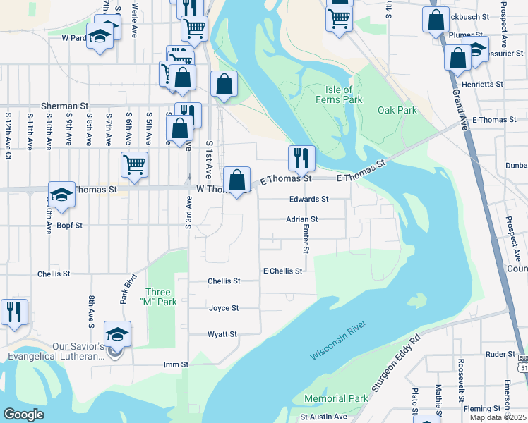 map of restaurants, bars, coffee shops, grocery stores, and more near 1300 Cleveland Avenue in Wausau