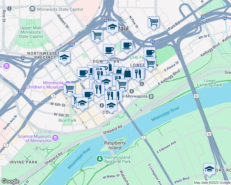 map of restaurants, bars, coffee shops, grocery stores, and more near in Saint Paul