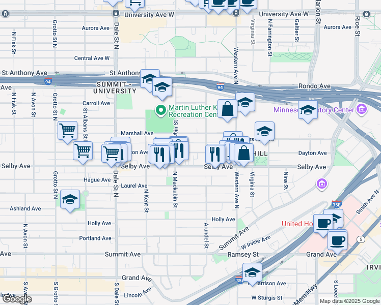 map of restaurants, bars, coffee shops, grocery stores, and more near 469 Dayton Avenue in Saint Paul
