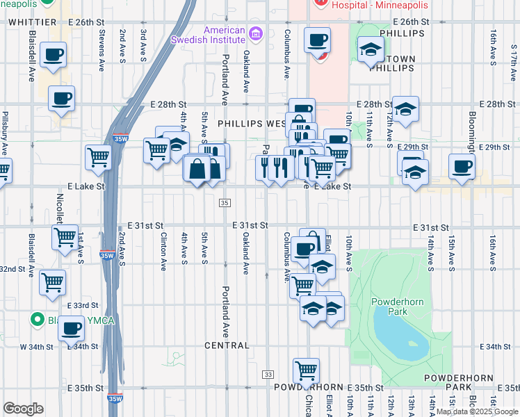 map of restaurants, bars, coffee shops, grocery stores, and more near 3024 Park Avenue in Minneapolis