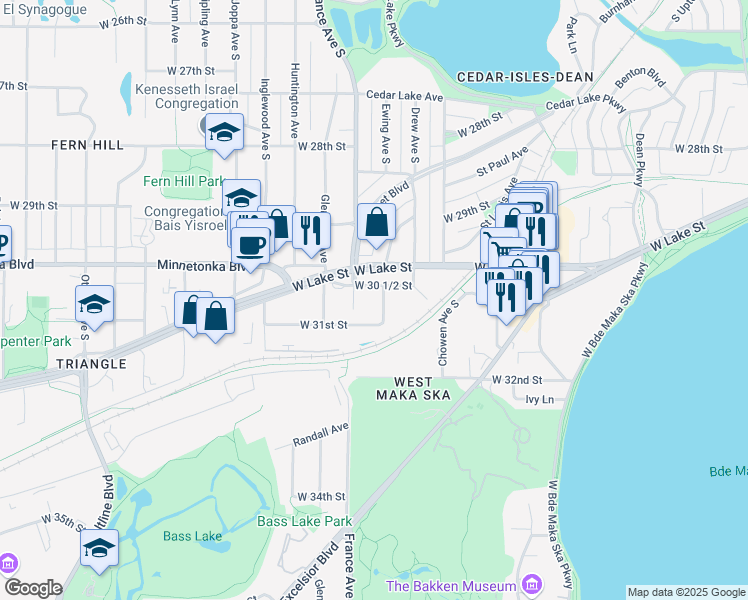 map of restaurants, bars, coffee shops, grocery stores, and more near 3029 France Avenue South in Minneapolis