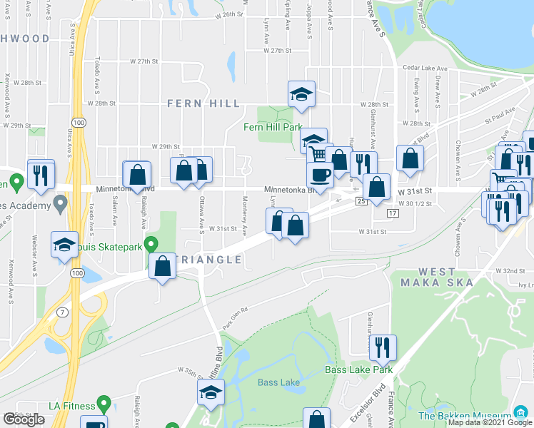 map of restaurants, bars, coffee shops, grocery stores, and more near 3023 Lynn Avenue in Minneapolis