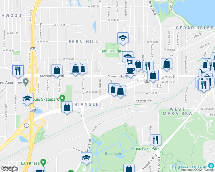map of restaurants, bars, coffee shops, grocery stores, and more near 3023 Lynn Avenue in Minneapolis