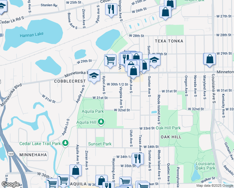 map of restaurants, bars, coffee shops, grocery stores, and more near 3035 Virginia Avenue South in St. Louis Park