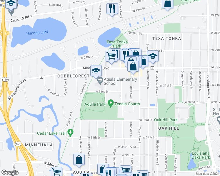 map of restaurants, bars, coffee shops, grocery stores, and more near 8300 West 31st Street in St. Louis Park