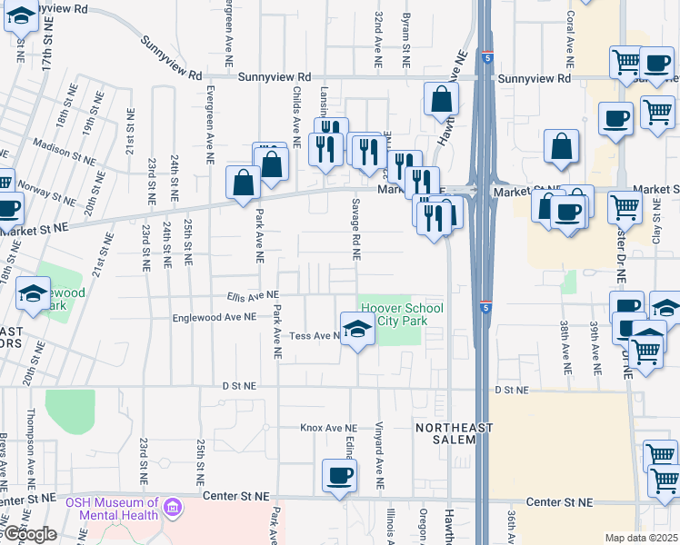 map of restaurants, bars, coffee shops, grocery stores, and more near 3148 Ladd Avenue Northeast in Salem