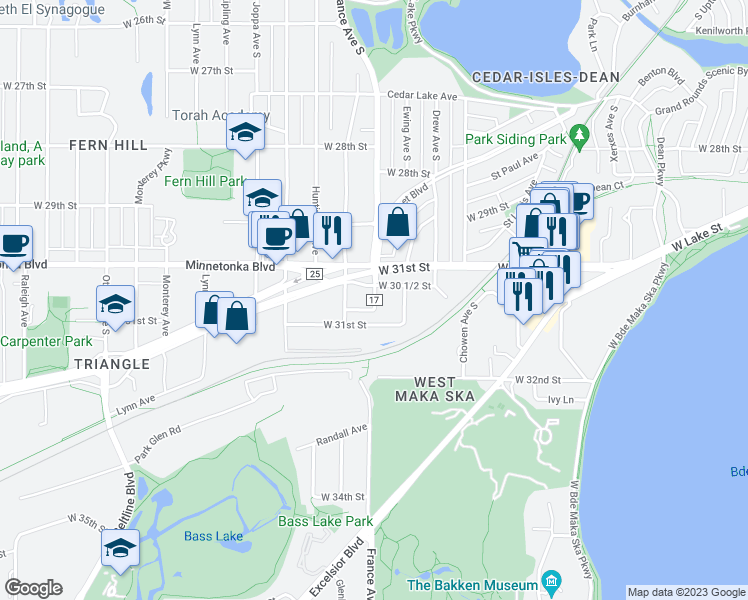 map of restaurants, bars, coffee shops, grocery stores, and more near 3029 France Avenue South in Saint Louis Park