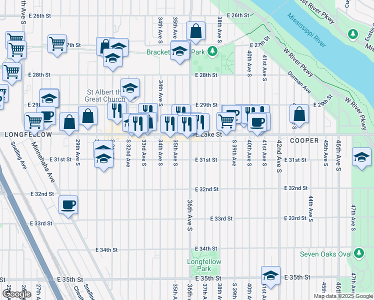 map of restaurants, bars, coffee shops, grocery stores, and more near 3026 36th Avenue South in Minneapolis