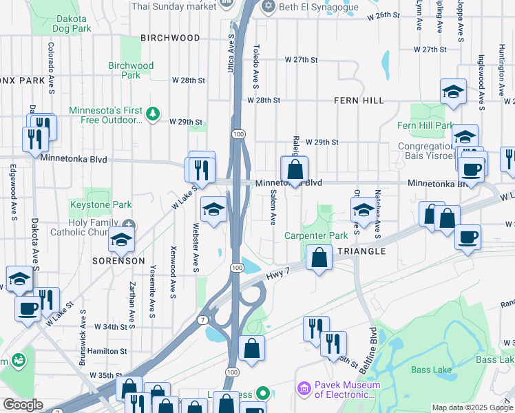 map of restaurants, bars, coffee shops, grocery stores, and more near 3033 Toledo Avenue South in Minneapolis