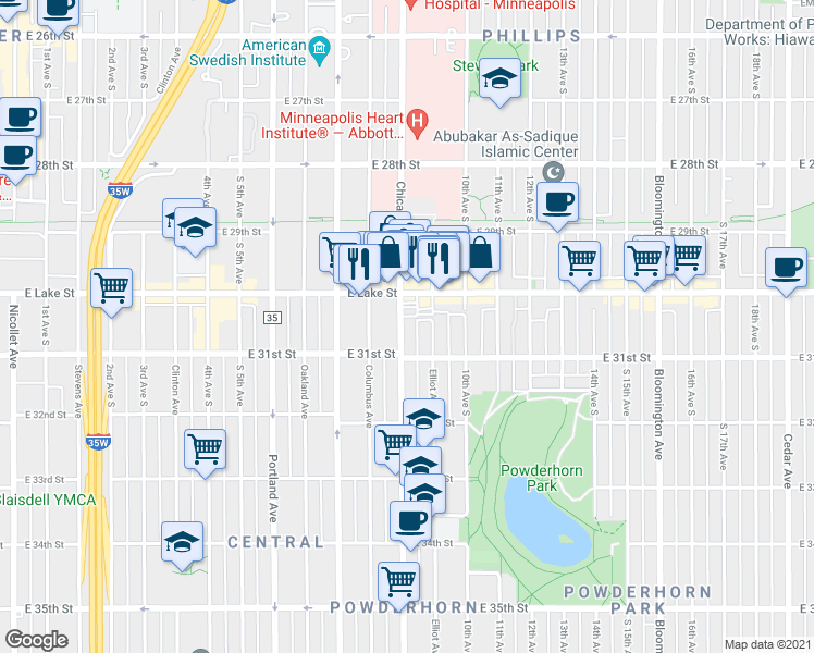 map of restaurants, bars, coffee shops, grocery stores, and more near 3031 Chicago Avenue in Minneapolis