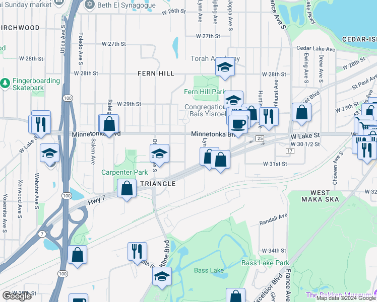 map of restaurants, bars, coffee shops, grocery stores, and more near 3025 Monterey Avenue in Minneapolis