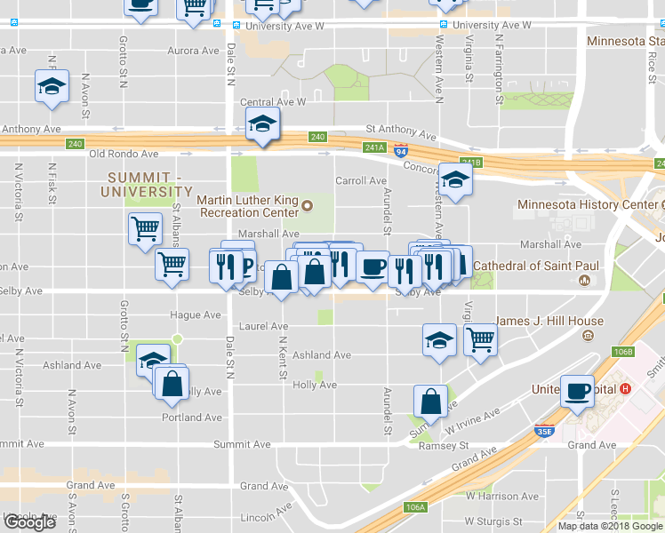 map of restaurants, bars, coffee shops, grocery stores, and more near 201 Mackubin Street in Saint Paul