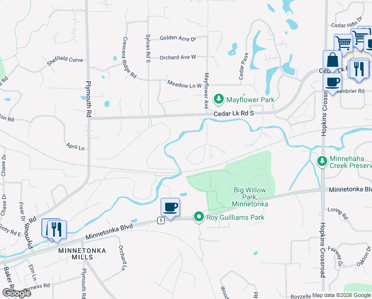 map of restaurants, bars, coffee shops, grocery stores, and more near 3020 Saint Albans Mill Road in Minnetonka