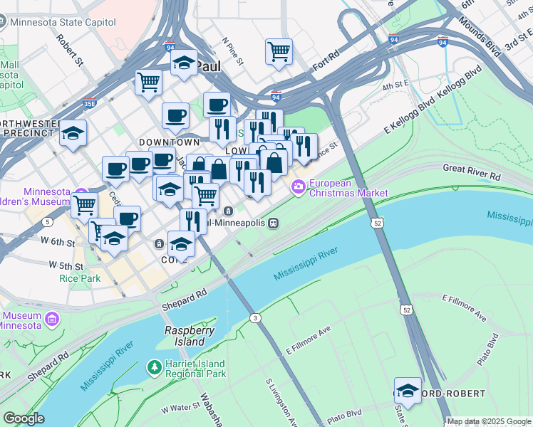 map of restaurants, bars, coffee shops, grocery stores, and more near 214 4th Street East in Saint Paul