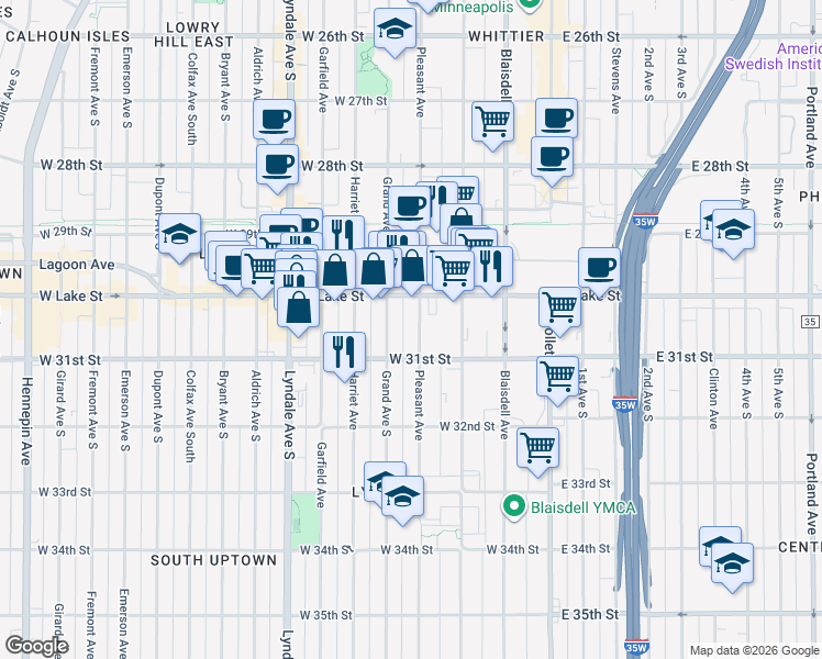 map of restaurants, bars, coffee shops, grocery stores, and more near 3024 Pleasant Avenue in Minneapolis