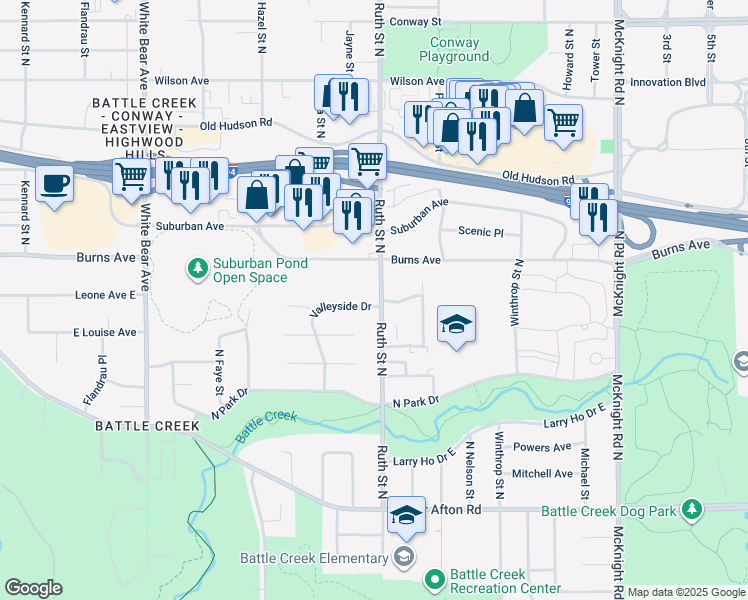 map of restaurants, bars, coffee shops, grocery stores, and more near 195 Valleyside Drive in Saint Paul