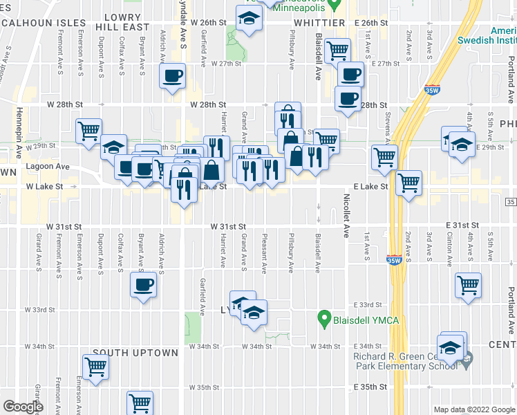 map of restaurants, bars, coffee shops, grocery stores, and more near 3024 Pleasant Avenue in Minneapolis