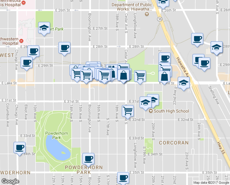 map of restaurants, bars, coffee shops, grocery stores, and more near 3028 18th Avenue South in Minneapolis