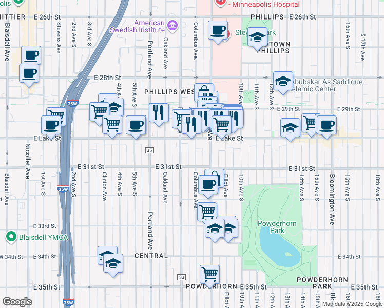 map of restaurants, bars, coffee shops, grocery stores, and more near 3030 Columbus Avenue in Minneapolis