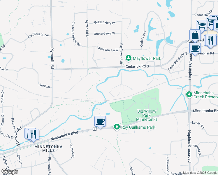 map of restaurants, bars, coffee shops, grocery stores, and more near 3020 Saint Albans Mill Road in Minnetonka