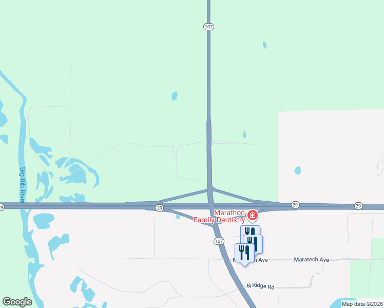 map of restaurants, bars, coffee shops, grocery stores, and more near 229140 Wisconsin 107 in Marathon City