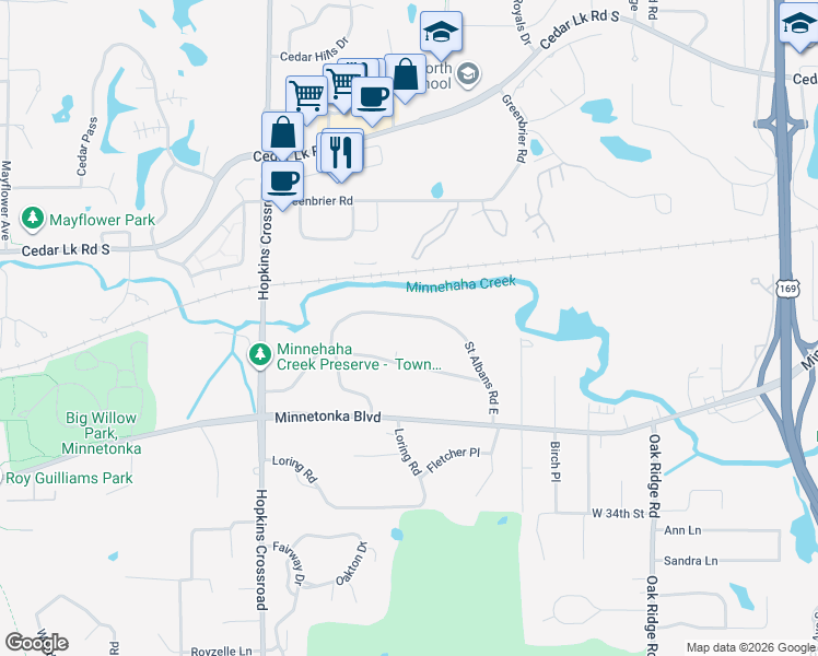 map of restaurants, bars, coffee shops, grocery stores, and more near 15 Saint Albans Road East in Hopkins