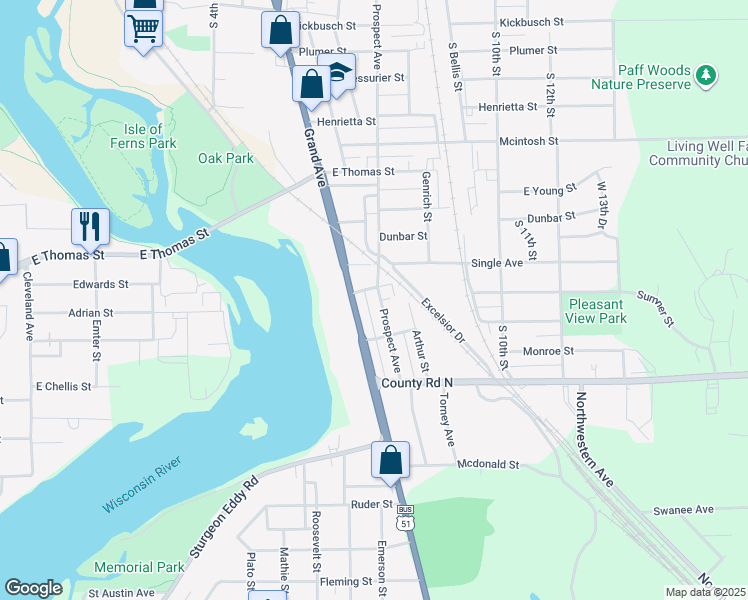 map of restaurants, bars, coffee shops, grocery stores, and more near 1106 Prospect Avenue in Wausau