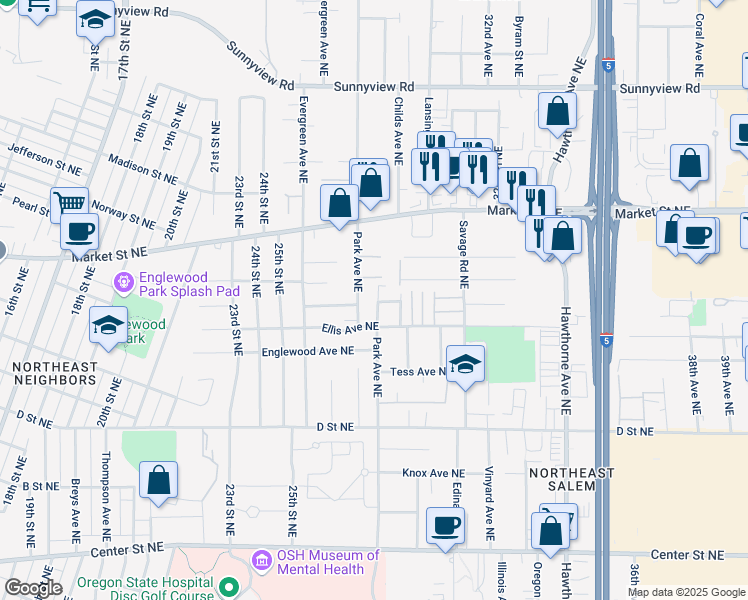 map of restaurants, bars, coffee shops, grocery stores, and more near 1507 East Park Avenue Northeast in Salem