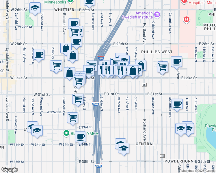 map of restaurants, bars, coffee shops, grocery stores, and more near 3024 3rd Avenue South in Minneapolis