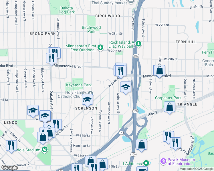 map of restaurants, bars, coffee shops, grocery stores, and more near 5700 West Lake Street in Minneapolis