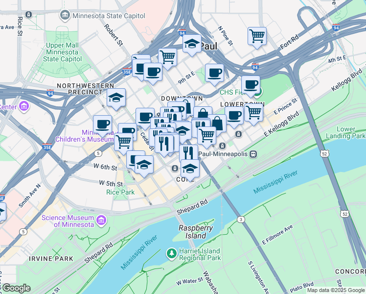map of restaurants, bars, coffee shops, grocery stores, and more near 101 5th Street East in Saint Paul