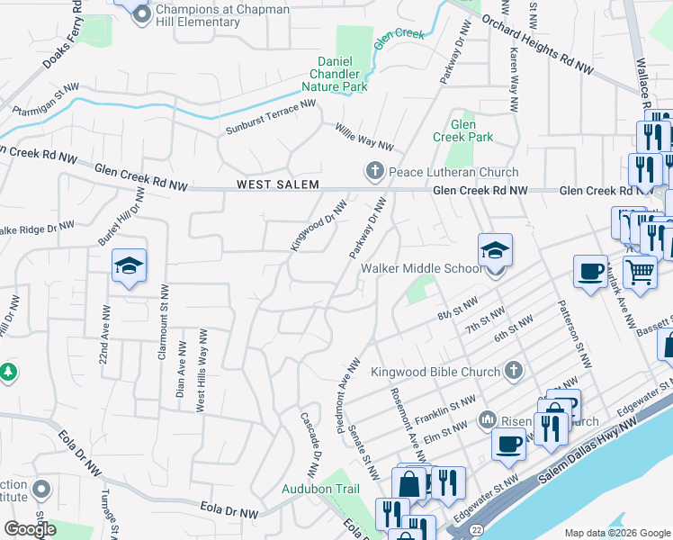 map of restaurants, bars, coffee shops, grocery stores, and more near 963 Parkway Drive Northwest in Salem