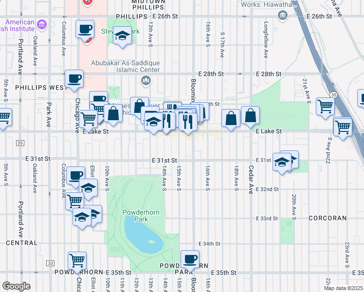 map of restaurants, bars, coffee shops, grocery stores, and more near 3029 South 15th Avenue in Minneapolis