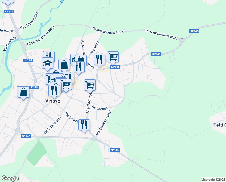map of restaurants, bars, coffee shops, grocery stores, and more near 16 Via Martiri della Libertà in Vinovo