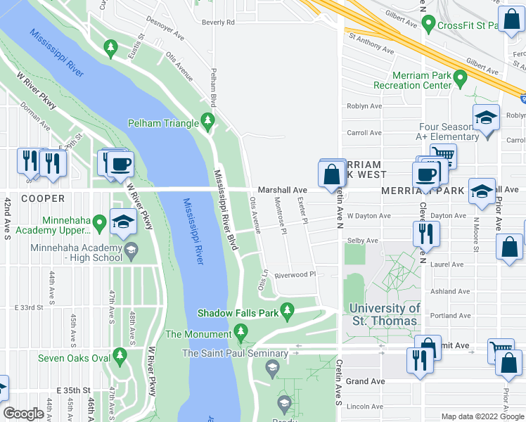 map of restaurants, bars, coffee shops, grocery stores, and more near 203 Montrose Place in Saint Paul