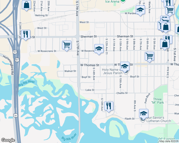 map of restaurants, bars, coffee shops, grocery stores, and more near 1113 S 15th Ave in Wausau