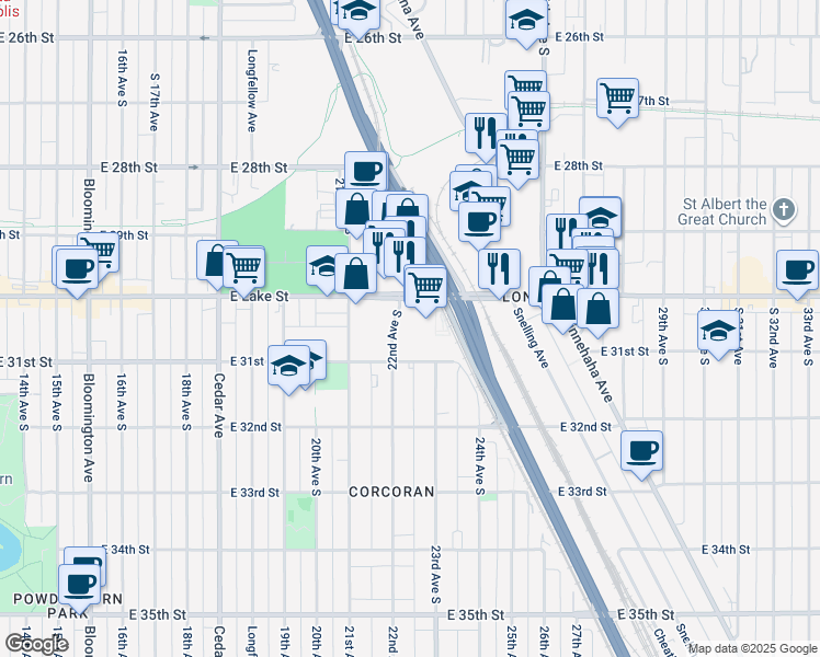 map of restaurants, bars, coffee shops, grocery stores, and more near 3029 22nd Avenue South in Minneapolis
