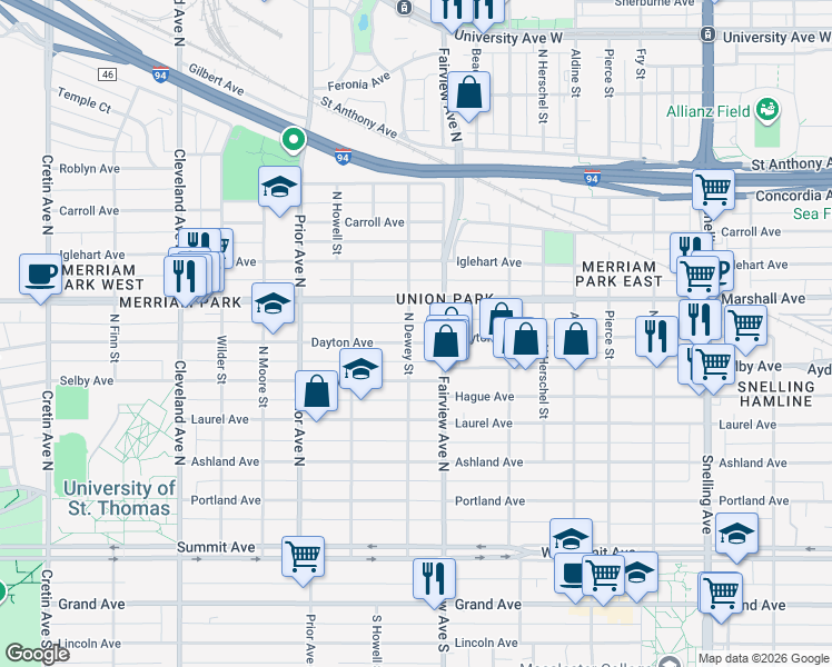 map of restaurants, bars, coffee shops, grocery stores, and more near 1845 Dayton Avenue in Saint Paul