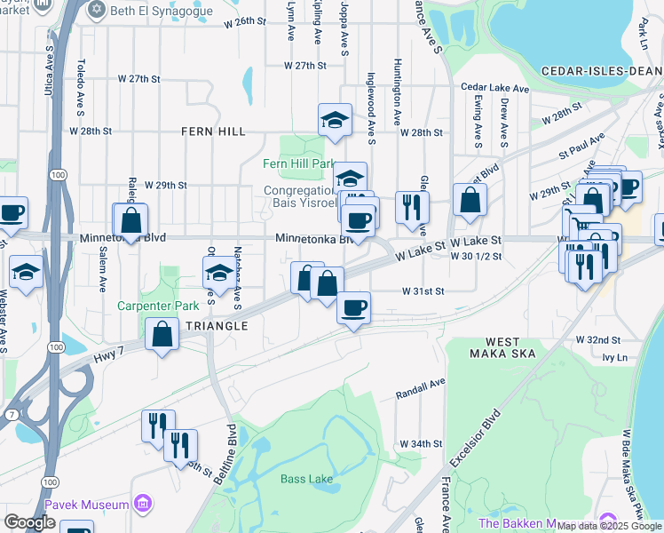 map of restaurants, bars, coffee shops, grocery stores, and more near 4310 Minnesota 7 Service Road in St. Louis Park