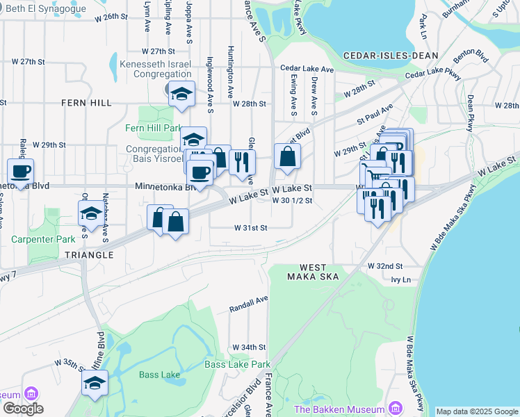 map of restaurants, bars, coffee shops, grocery stores, and more near 3915 Minnesota 7 in Minneapolis