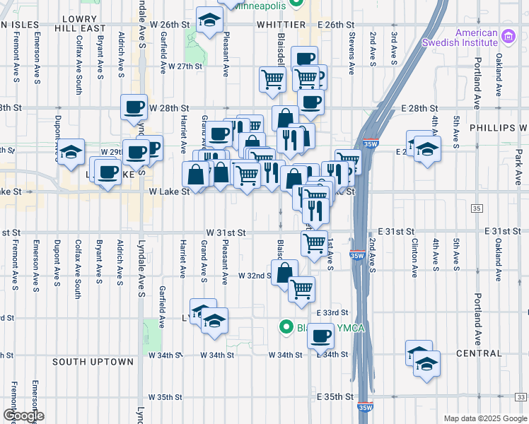 map of restaurants, bars, coffee shops, grocery stores, and more near 3051 Pillsbury Avenue in Minneapolis