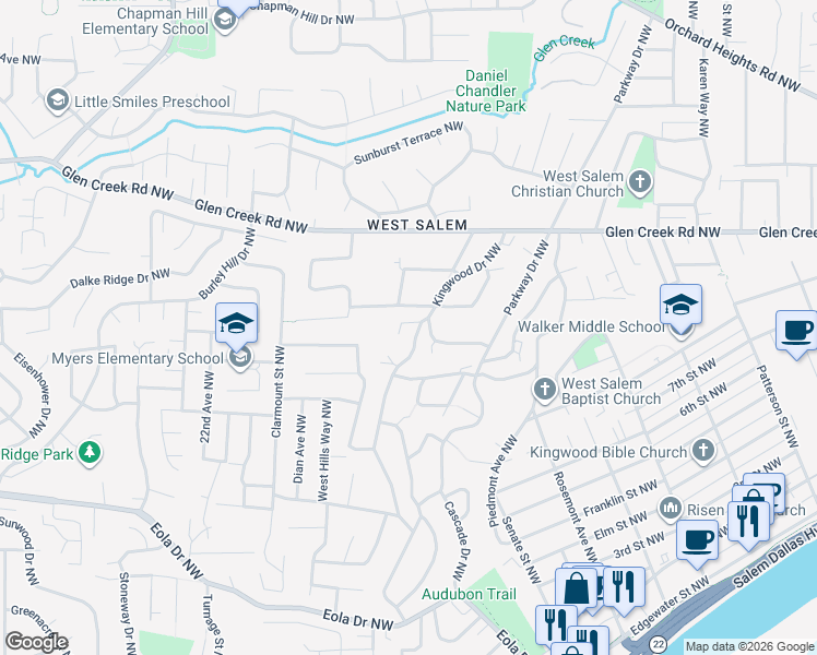 map of restaurants, bars, coffee shops, grocery stores, and more near 927 Kingwood Drive Northwest in Salem