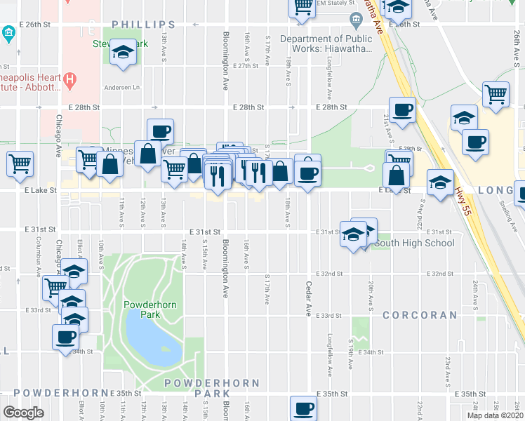 map of restaurants, bars, coffee shops, grocery stores, and more near 3024 17th Avenue South in Minneapolis