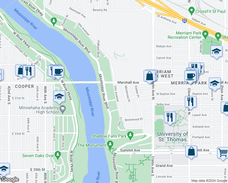 map of restaurants, bars, coffee shops, grocery stores, and more near 218 Otis Avenue in Saint Paul