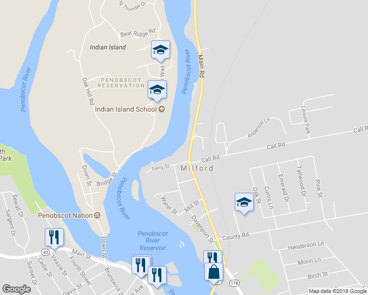 map of restaurants, bars, coffee shops, grocery stores, and more near 107 7th Street in Bangor