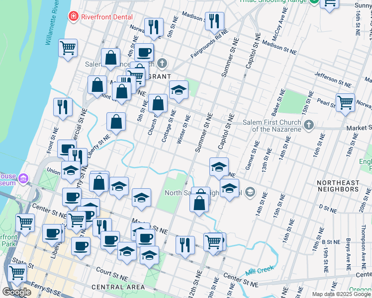 map of restaurants, bars, coffee shops, grocery stores, and more near 842 East Avenue Northeast in Salem