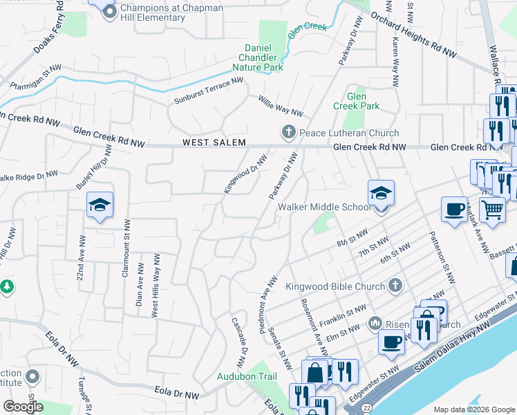map of restaurants, bars, coffee shops, grocery stores, and more near 963 Parkway Drive Northwest in Salem
